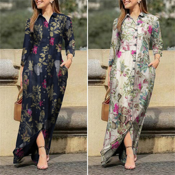 Women's holiday leisure lap lapel long flower printed cotton dress