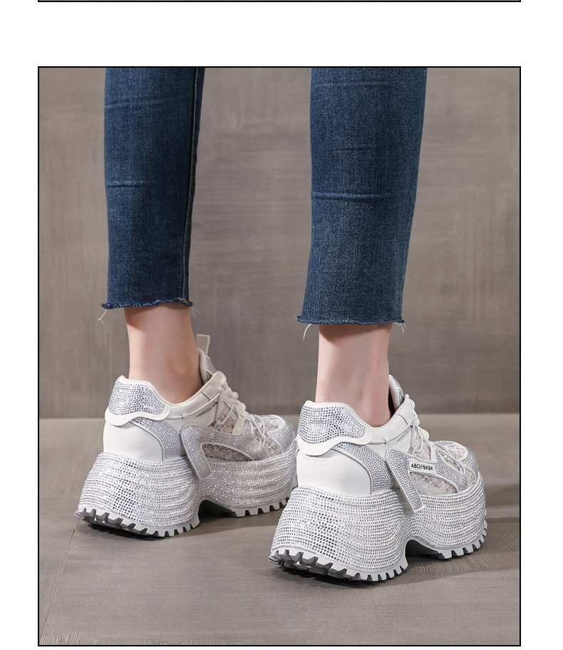 Giày sneaker nữ đế dày tăng chiều cao đính đá lưới thoáng mát — màu đen chi tiết 13