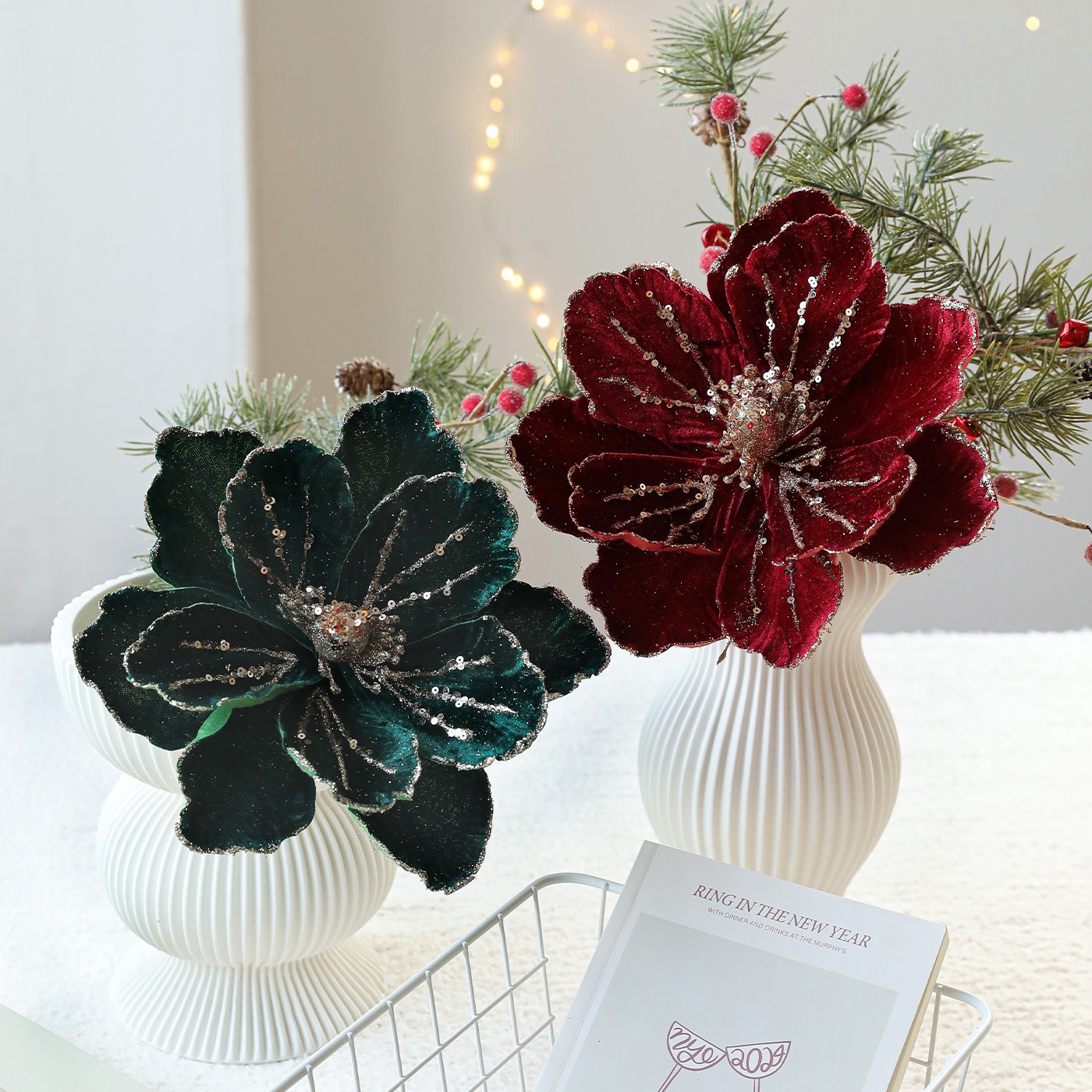 Flores de Navidad de alta calidad flores de simulación lujosas flocado polvo de oro magnolia escenario de decoración de flores