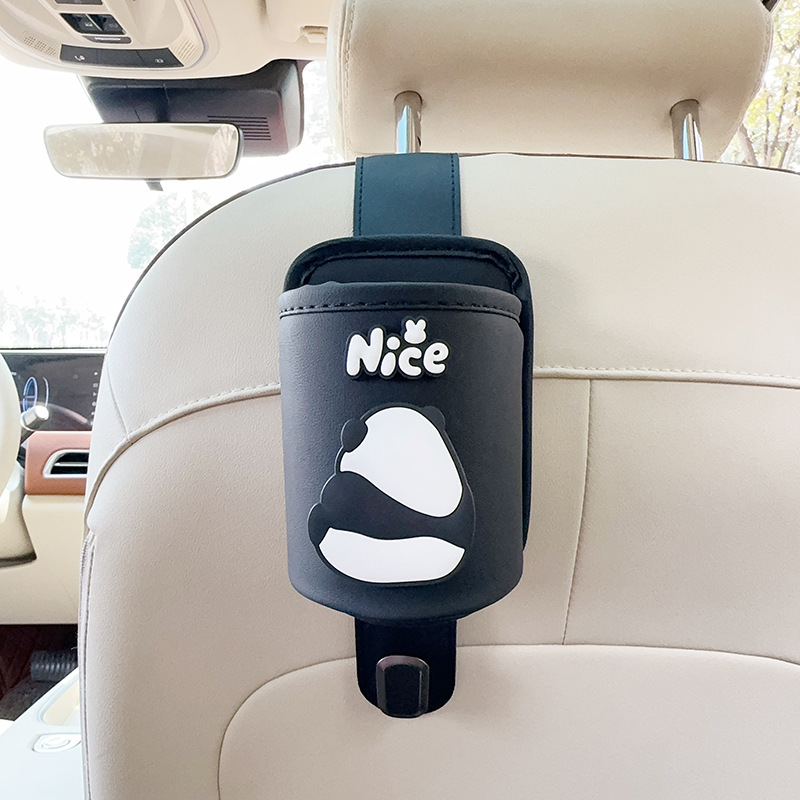 Car cup holder/beverage holder: Qìchē Hook Car Rear - black-leather-cup-holder-with-hook-panda-back
