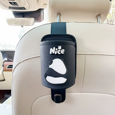 Car cup holder/beverage holder: Multi-Functional Beverage Storage Rack Umbrella - black-leather-water-cup-holder-with-hook-panda-back