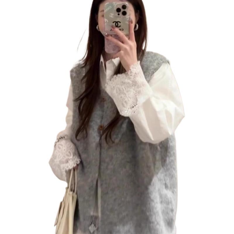 韩系氛围感穿搭灰色马甲女2025春秋新款感叠穿坎肩针织外搭|undefined