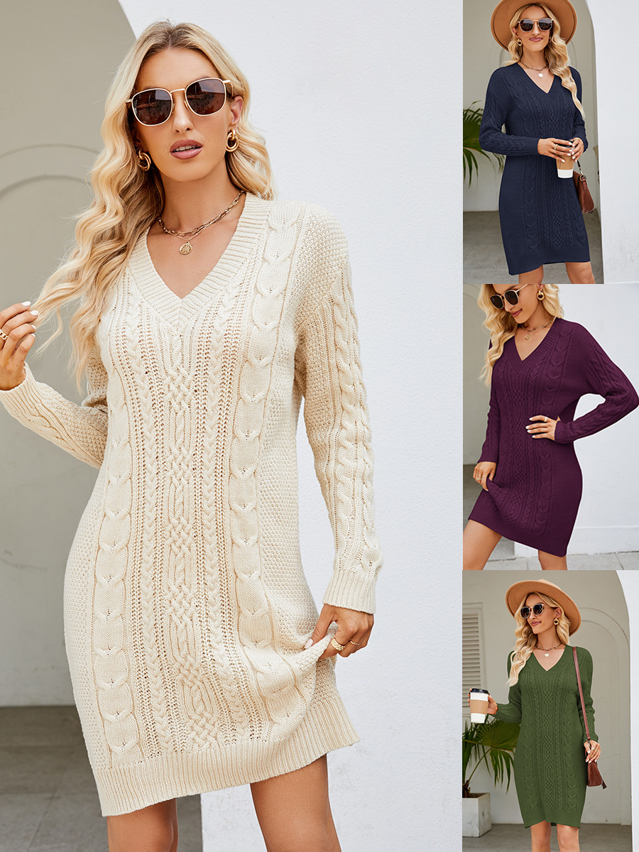 Ropa de mujer europea y americana transfronteriza de color sólido con cuello en V vestido de suéter largo Otoño e Invierno moda elegante vestido de punto de fondo retorcido