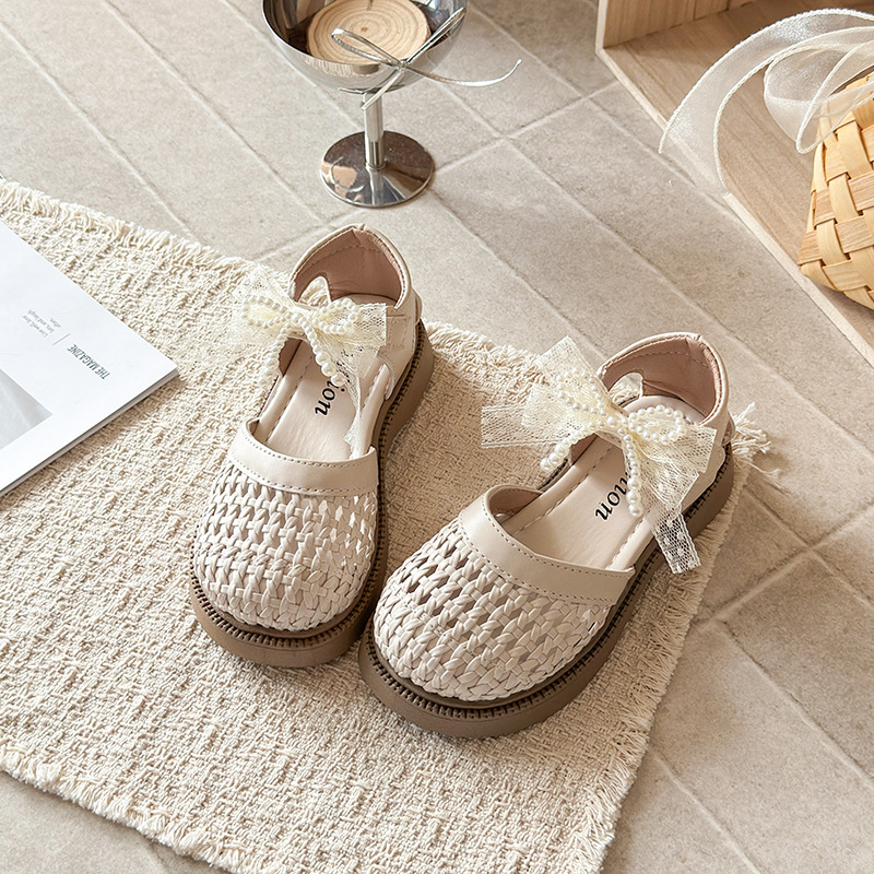 Niñas sandalias de tejido 2026 verano nuevo niño moda suave princesa zapatos de la niña arco hueco zapatos image 3