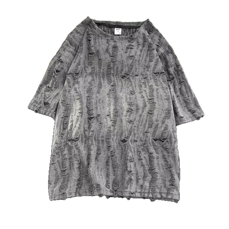 Men's Ripped Distressed Short Sleeve T-Shirt Hong Kong Style Trendy Cool Design Summer Loose Fit Couple's Five Quarter Sleeve Top_voghion.com