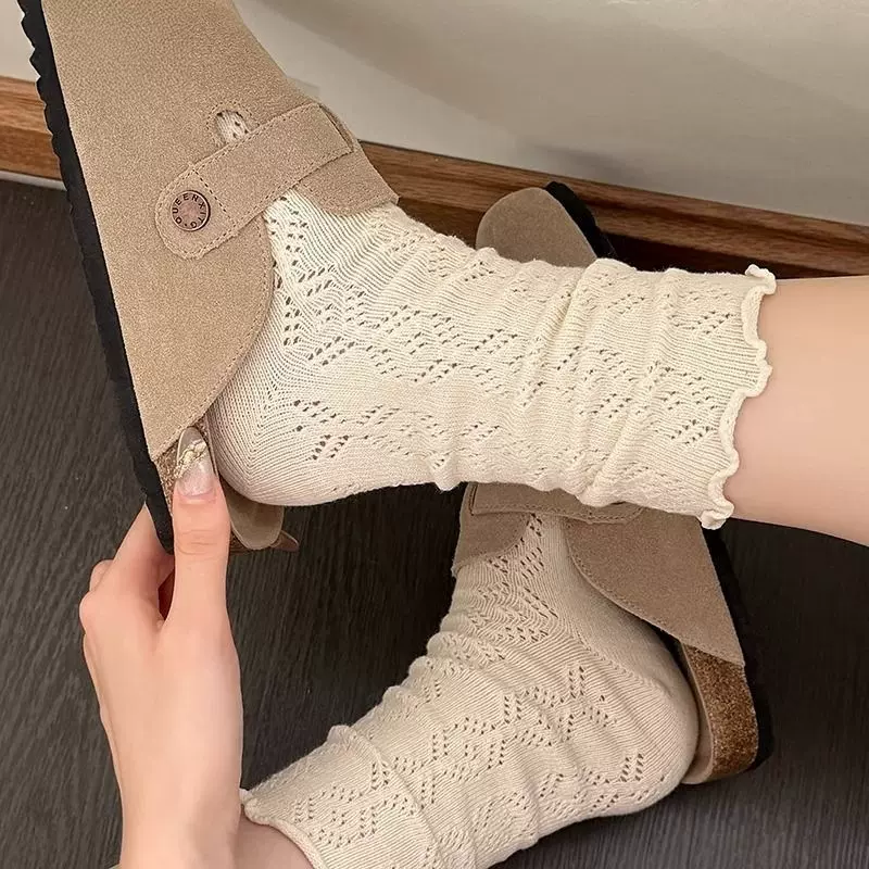 袜子女夏季薄款堆堆袜中筒网眼镂空木耳边森系ins潮百搭韩版长筒