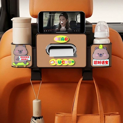 rear storage box, in-car hook – Car cup holder/beverage holder - lucky-fortune-and-wealth-4-in-1-seat-storage-box-4th-generation-brown