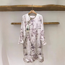 中式国风水墨印花夹棉旗袍裙中长款棉麻袍子加厚连衣裙