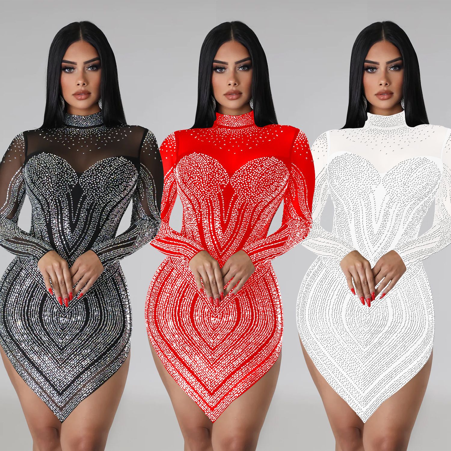 C6371 transfronterizo AliExpress Amazon moda europea y americana de las mujeres de color sólido de malla de perforación en caliente de manga larga vestido de falda corta image 1
