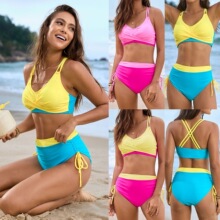2025年新款泳衣纯色拼接系绳交叉包外贸泳衣女分体比基尼bikini