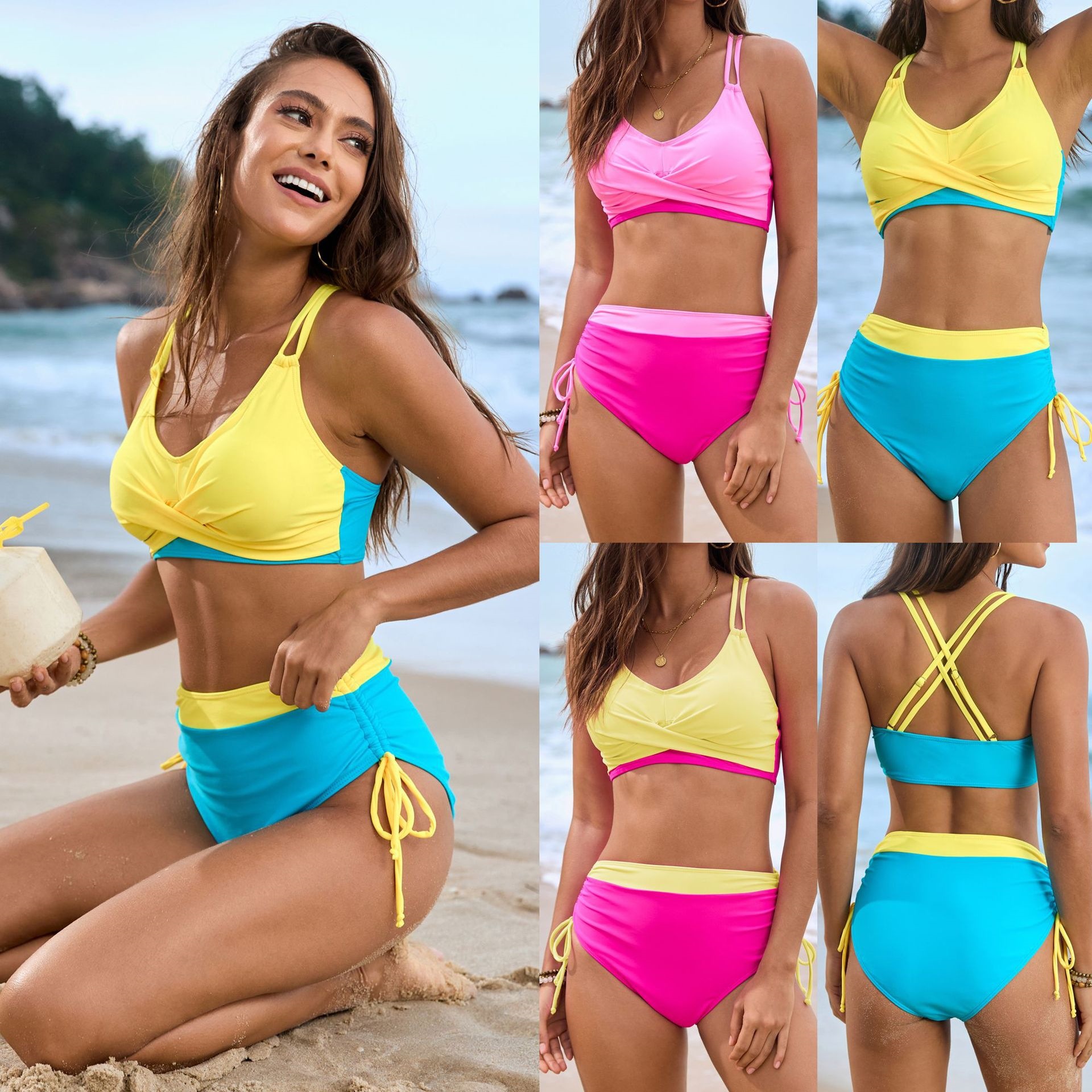 2025年新款泳衣纯色拼接系绳交叉包外贸泳衣女分体比基尼bikini