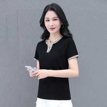 跨境一件代发夏季纯棉T恤女V领大码女装打底衫中年上衣GCH1166