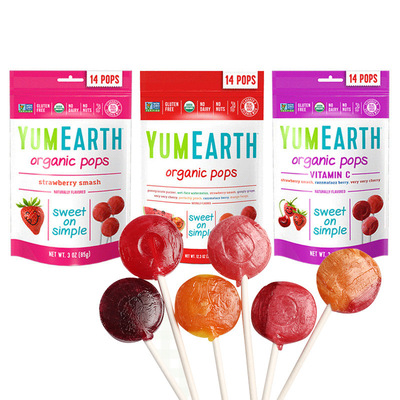 美国进口yummy earth牙米滋水果味儿童棒棒糖85g混合口味含VC糖果