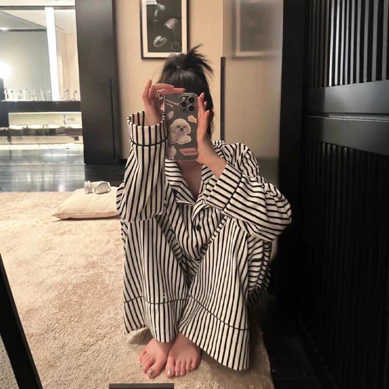 2024 New Autumn and Winter Pajamas for Women, Cotton Terry Cloth, Black and White Stripes, Lazy Style Home Wear Set, Versatile 2024 New Autumn and Winter Pajamas for Women, Cotton Terry Cloth, Black and White Stripes, Lazy Style Home Wear Set, Versatile