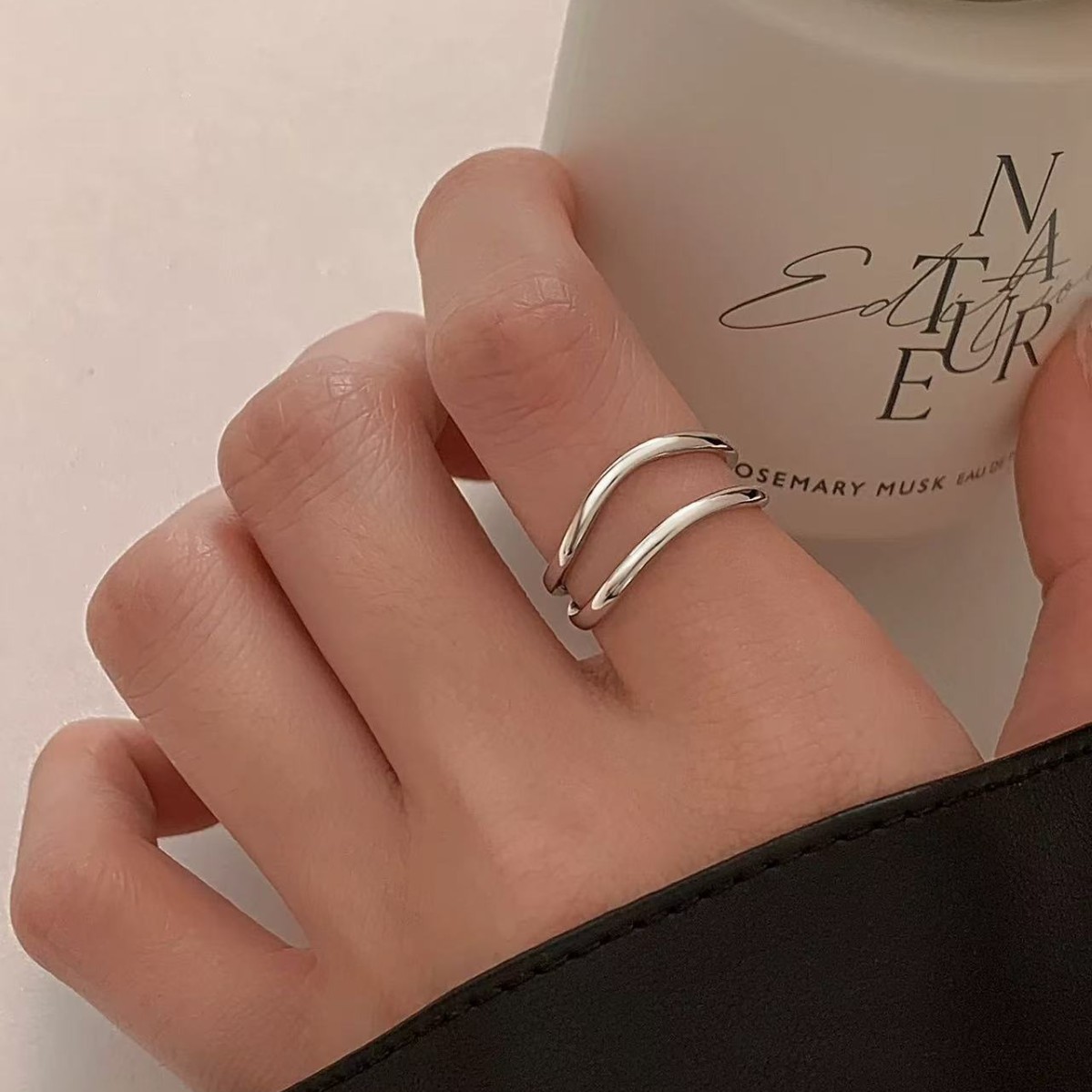 925 Silver-Plated Double-Layer Ring Niche Design Women's Index Finger Ring Plain Ring Accessible Luxury High-End Open Ring