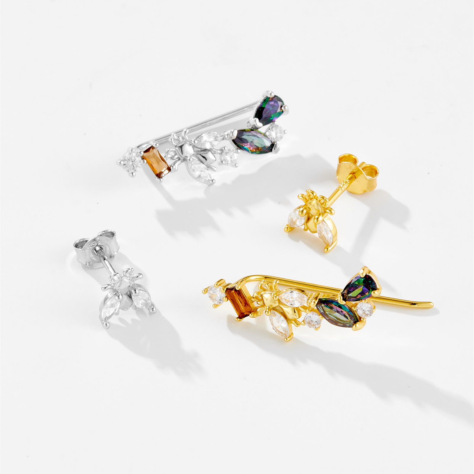 1 Pair Sweet Shiny Bee Asymmetrical Inlay Sterling Silver Zircon 18K Gold Plated Ear Studs display picture 4