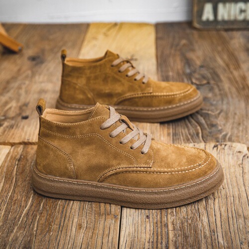Autumn and Winter Genuine Leather High-Top Board Shoes for Men, Korean Style Trendy Casual Suede Men's Shoes, Vintage Mid-Top Sanding Martin Boots