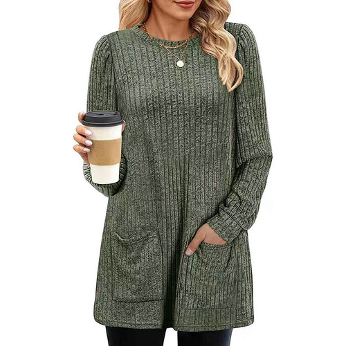 Amazon Western Cross-border New Autumn/Winter Stock Long-sleeve Knit Top Round Neck Striped Pure Color Pockets Women's Long Dress