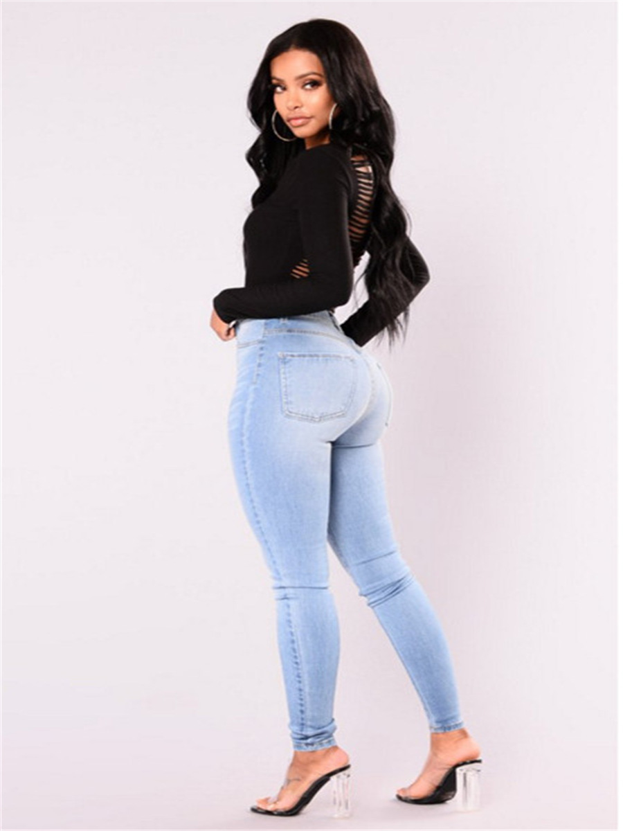 high waist slim casual solid color jeans NSGJW137338