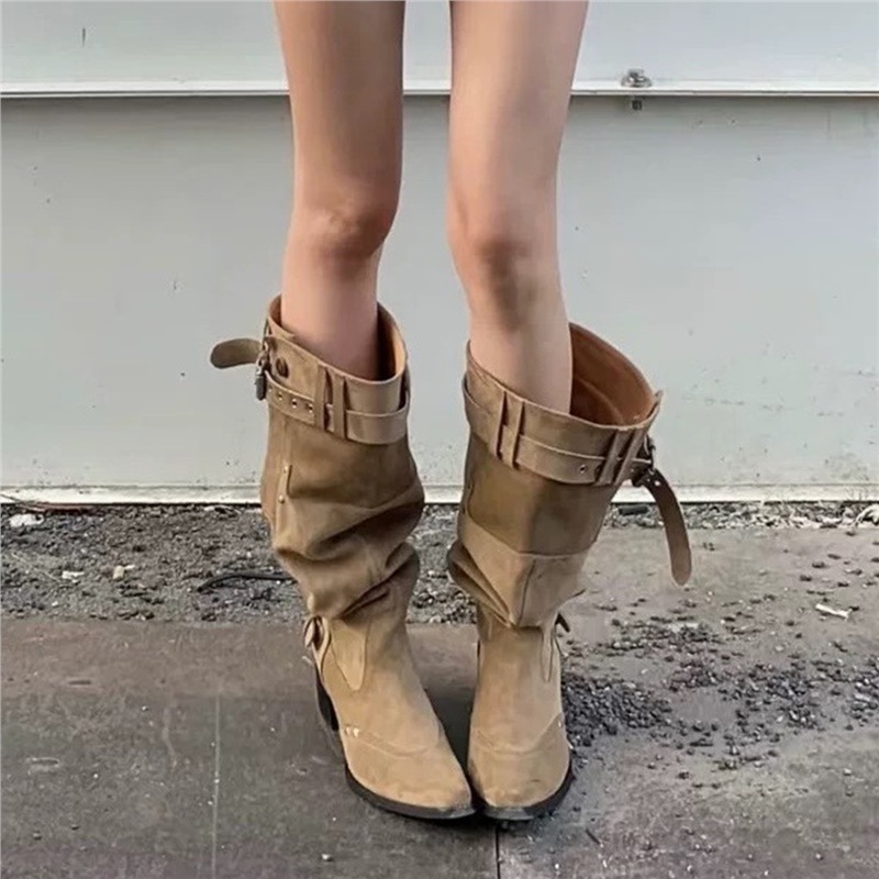 羊皮版~复古尖头西部牛仔靴显瘦褶皱堆堆靴女粗跟气质不过膝长靴|undefined