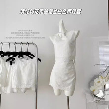 S1627白色气质钩花无袖蕾丝上衣花边套装白色背心短裙两件套夏季