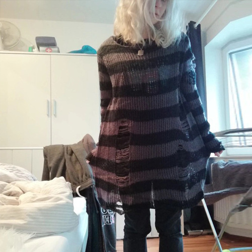 Women's Loose Striped Knit Sweater, Long-Sleeve Hooded, Hole-Free, Thin Design