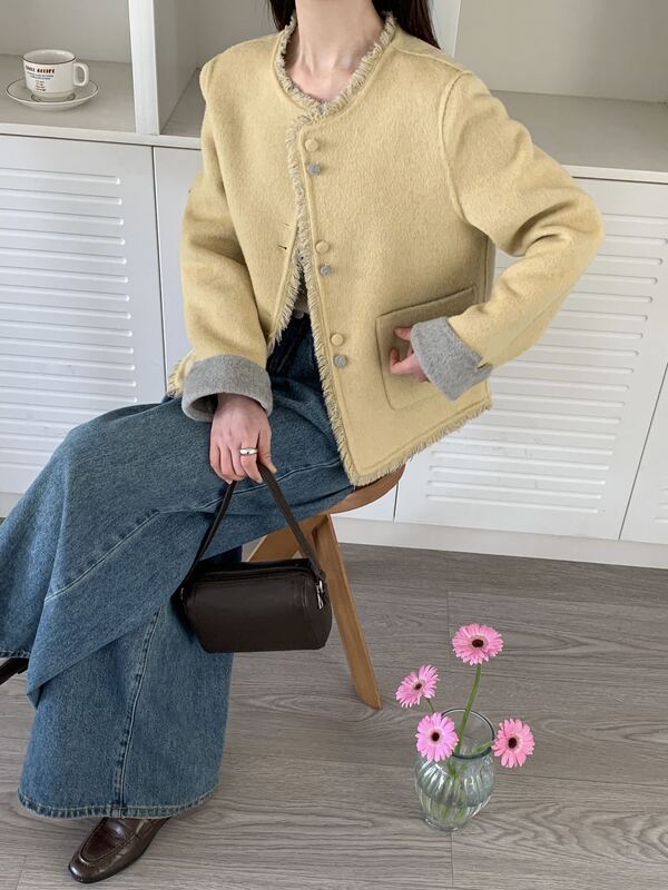 2025小香风双面羊毛大衣女短款拉毛两面穿小个子羊毛呢外套|undefined