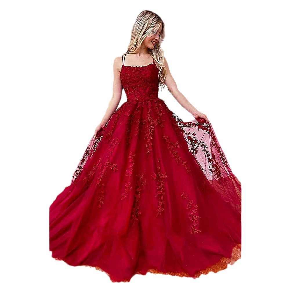 Amazon Comercio exterior espaguetis Correa baile vestido de noche largo tul encaje apliques vestido de fiesta de las mujeres image 6