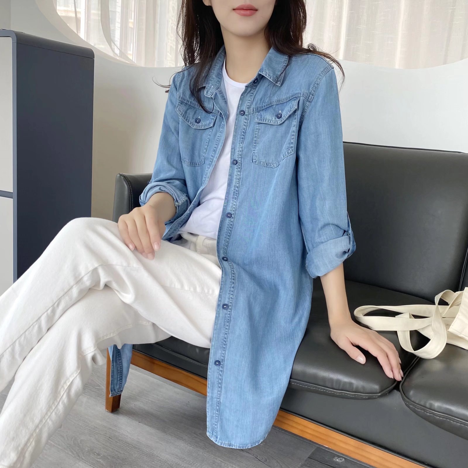 ​​Women’s Tencel Denim Shirt – Upgraded Breathable Long Sleeve Blouse (Light/Dark Blue, M-XXXL)​​_mkmklike.com