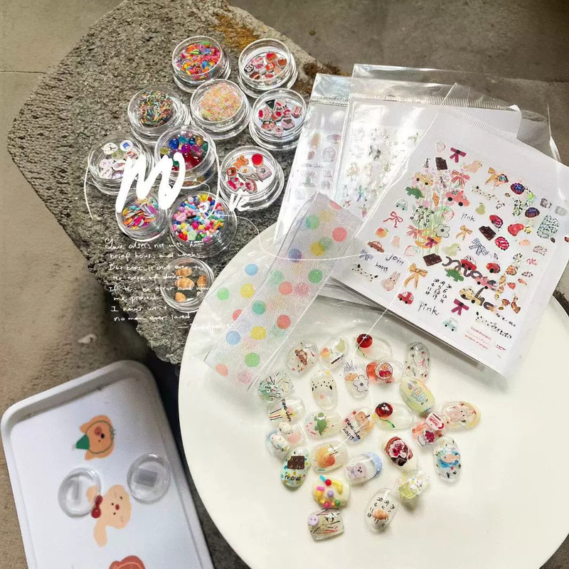 Korean Style Hot Short Nails Childlike Manicure Patch Sequin Cake Ribbon Ribbon Apple Stickers Wearable Nail Accessories