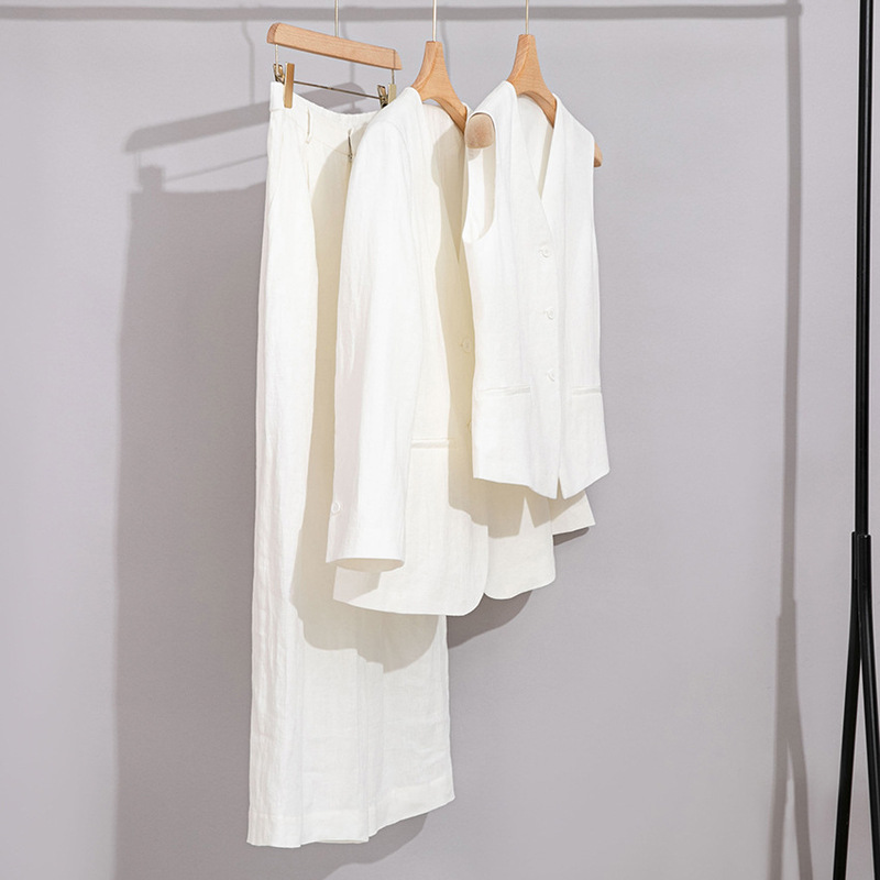 Linen Suit suit Women's High-end Three-piece Professional Dress High-grade Straight-leg Wide-leg Pants Small Suit Jacket Spring