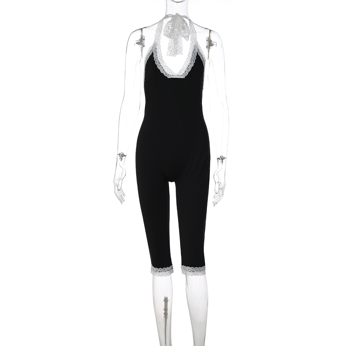 Women's Clothing Fashionable Sexy Lace Trim Slim Fit Back Hollow Out Tie Jumpsuit Summer New Arrival_ecoleips.com
