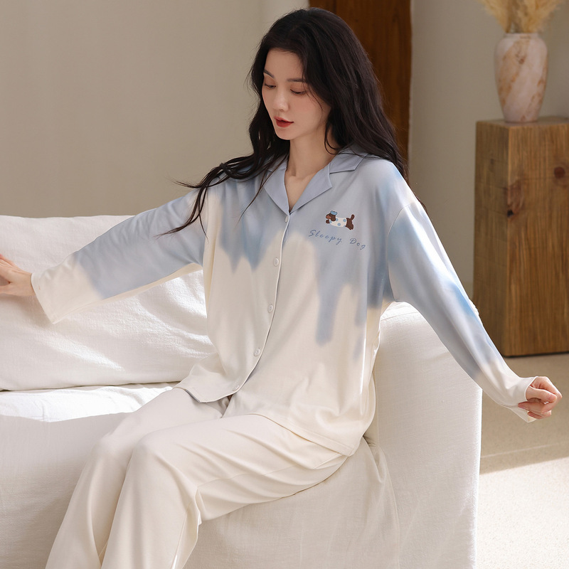 韩版ins风长袖纯棉睡衣女春秋2025新款高级感纯色家居服套装春款|undefined