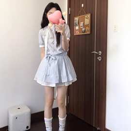 夏季新款拼接撞色条纹衬衫短袖连衣裙女夏季新款修身显瘦通勤短裙