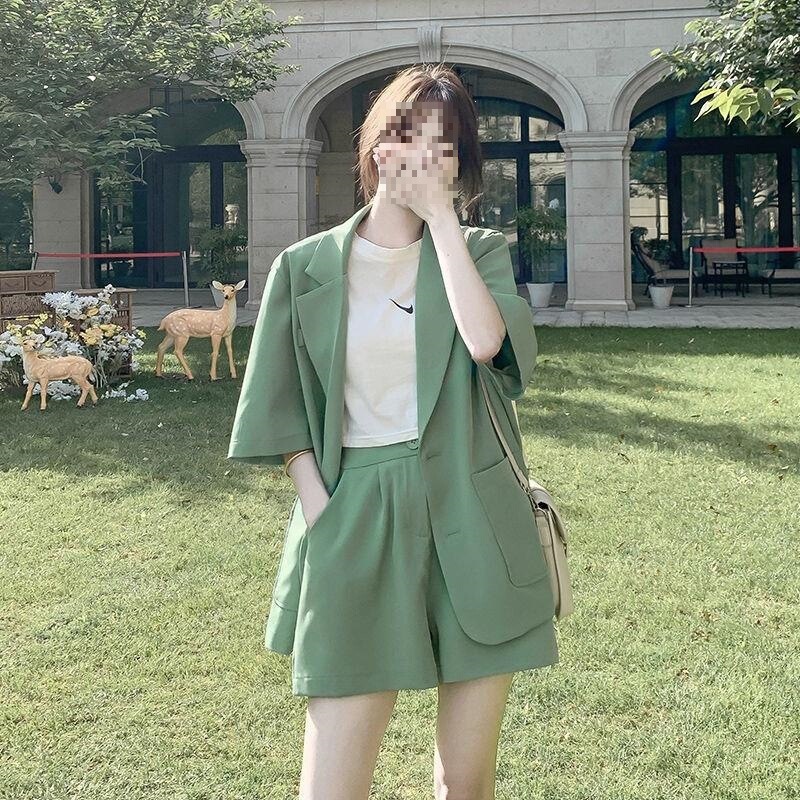 Fashionable Women's Thin Blazer Set 2026 Summer New Korean Style Casual Suit Jacket and Shorts Two-Piece Set