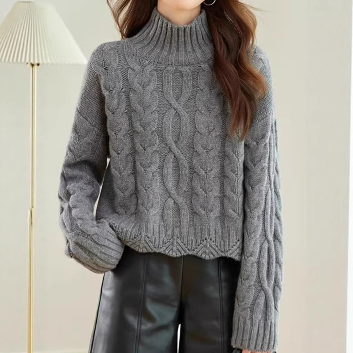 高领针织衫女秋冬新款复古麻花慵懒风宽松减龄短款2025套头毛衣女