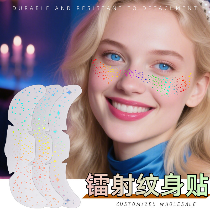 Cross-Border New Freckle Tattoo Stickers with Gold Foil Laser, Waterproof, Sweat-Proof, Long-Lasting, European and American New Year Makeup Face Stickers, Stage Stickers