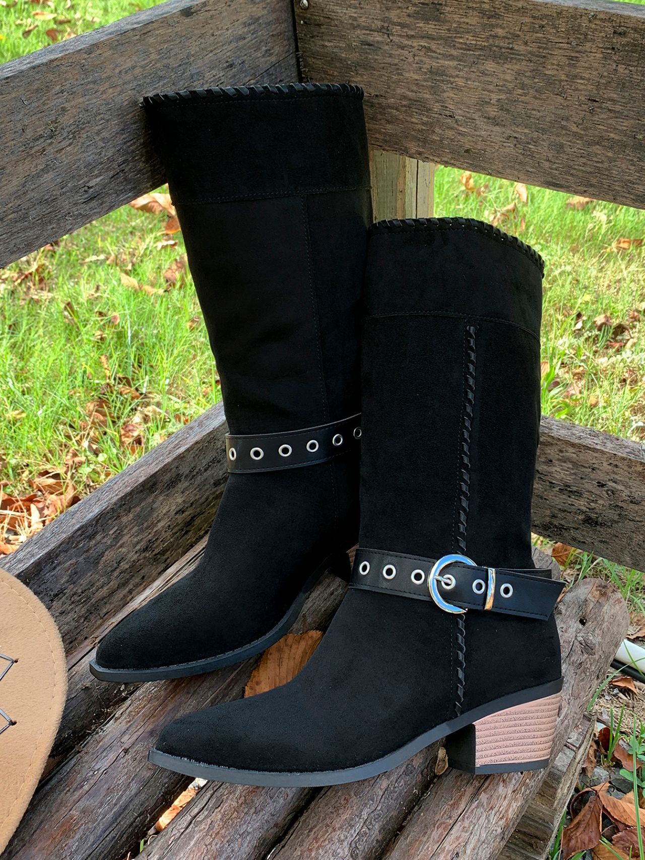 Women's Black Suede Cowboy Boots With Buckle Detail Mid Heel_voghion.com