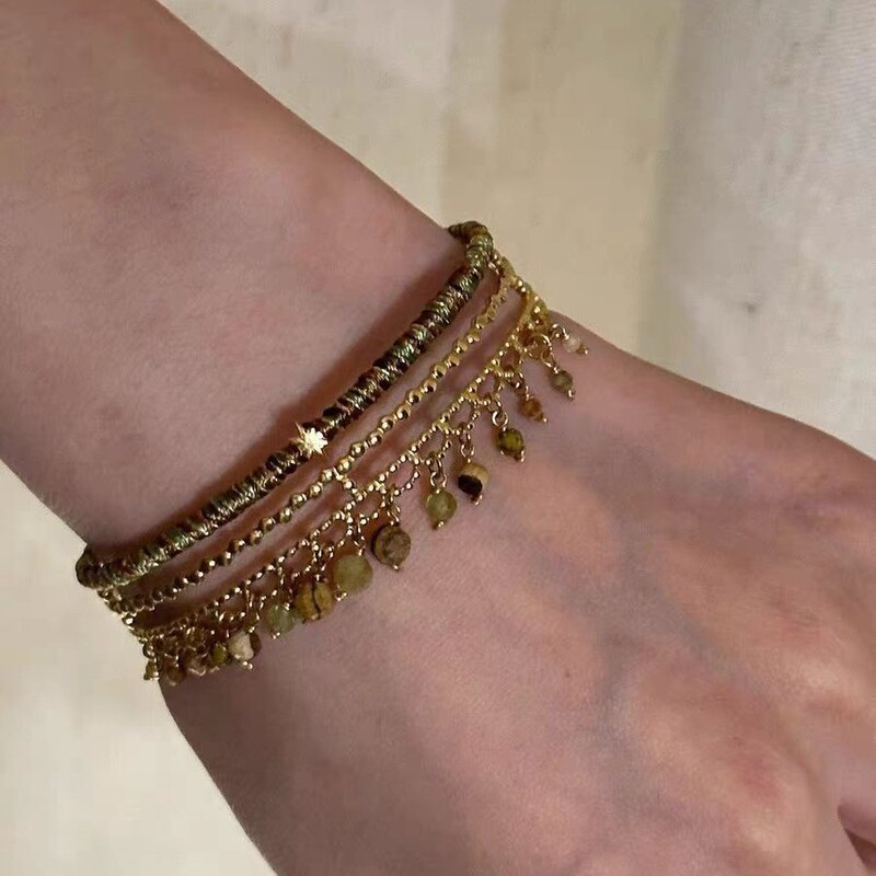 [Spring Vibes] Retro Ethnic Style Three-Layer Green Beaded Tassel Braided Rope Bracelet for Women, Artistic Style Hand Jewelry