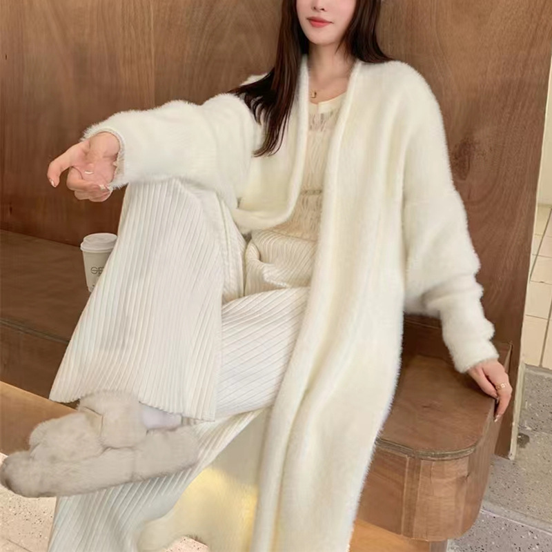 Foreign Trade Imitation Mink Velvet Long Over-The-Knee Sweater Cardigan for Women Autumn and Winter New Lazy Style Loose Knitted Jacket for Women