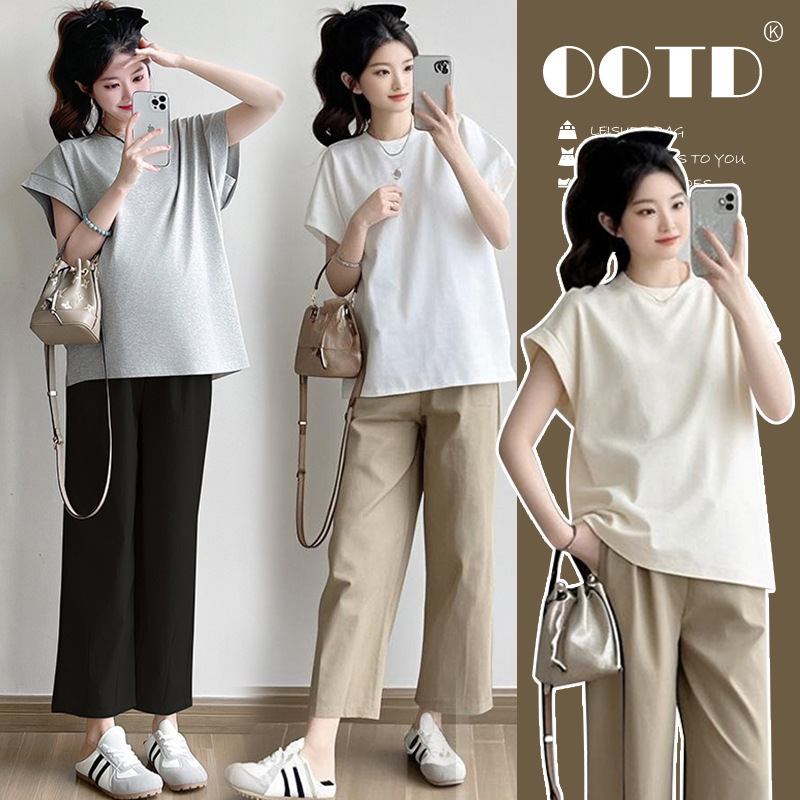 Maternity Wear Simple Top T-Shirt Summer Korean Style Vest Loose Large Size Casual Versatile Design Pants Suit