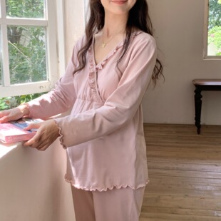 In Stock [2203] Autumn and Winter Pure Cotton Long-Sleeved Confinement Clothes Maternity Pajamas V-Neck Suit Maternity Home Clothes for Women
