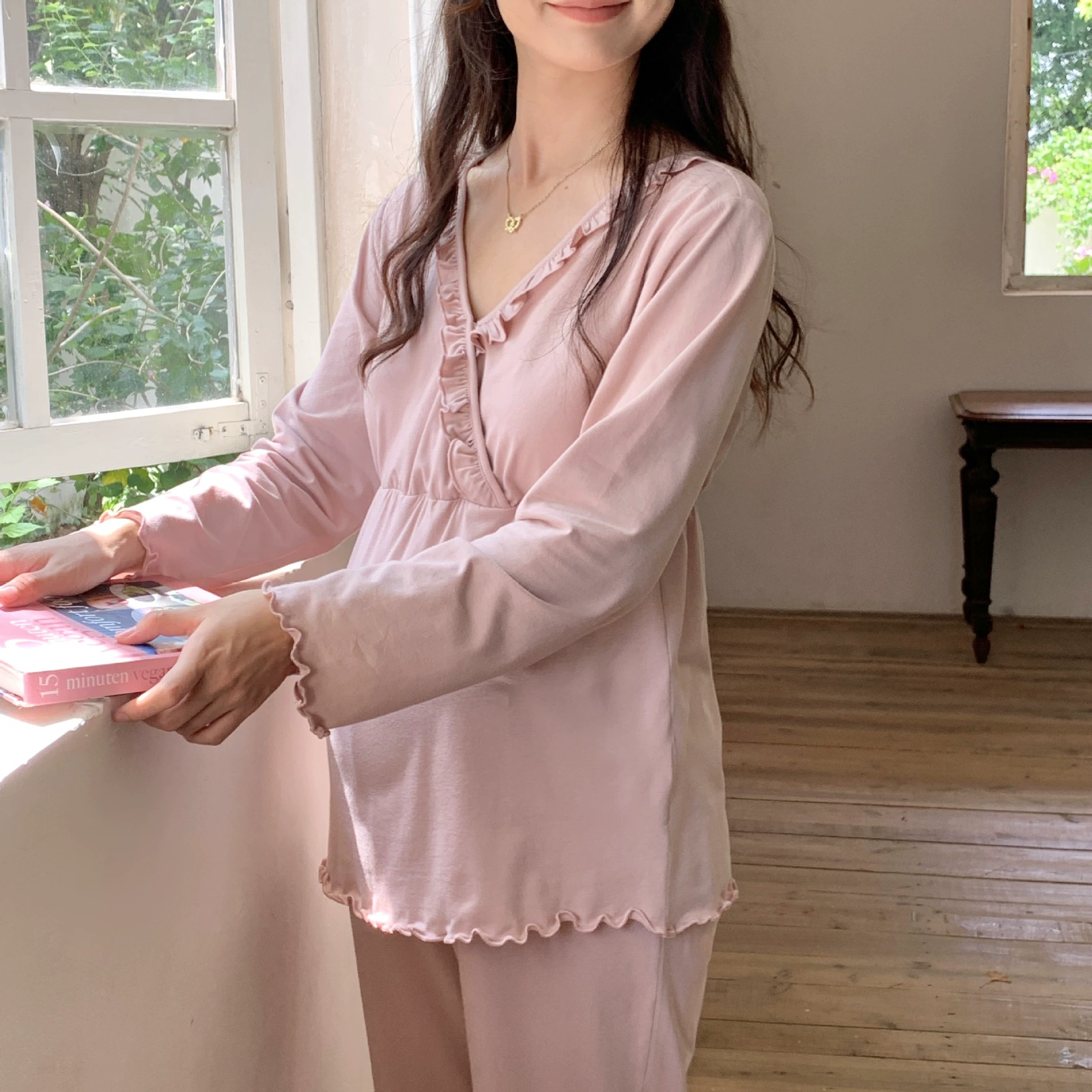 В наличии [2203] Осенне-зимняя одежда для беременных из чистого хлопка с длинными рукавами, пижамы для беременных, костюм с v-образным вырезом, домашняя одежда для беременных женщин