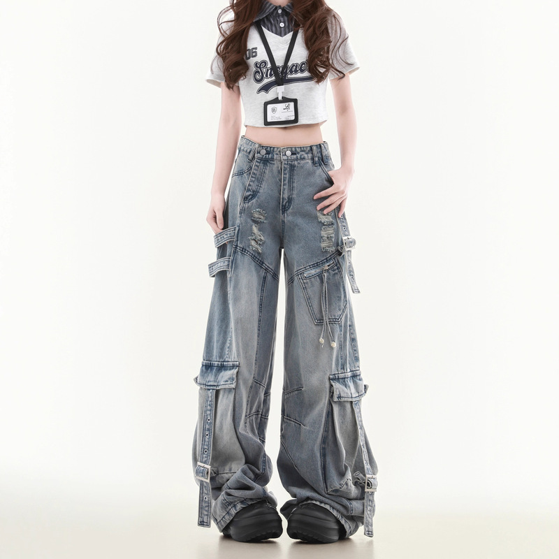 Heavy-Duty Multi-Pocket Ripped Jeans for Men and Women, Straight Loose Wide-Leg American High Street Fashion Casual Cargo Pants
