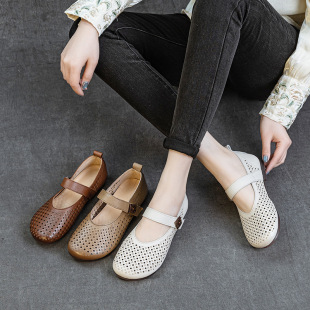First Layer Cowhide Hollow-out Mother Shoes Spring and Summer New Flat Heel Soft Sole Women's Comfortable Hole Shoes with Round Head