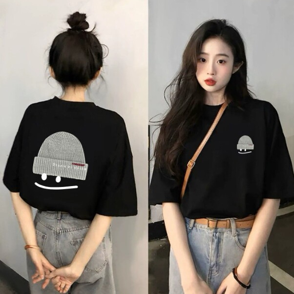 Black Cotton Short-Sleeved T-Shirt for Women 2026 Summer New Style Hat Print Loose Slimming Niche Design Top T-Shirt