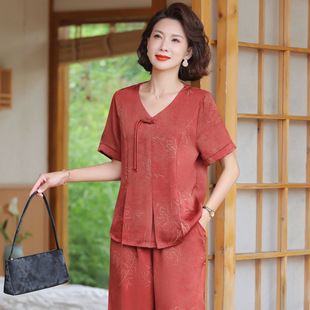 New Chinese Style Mom Summer T-Shirt Suit 2025 New Middle-Aged and Elderly Women Summer Grandma Chinese Style Short-Sleeved Tops