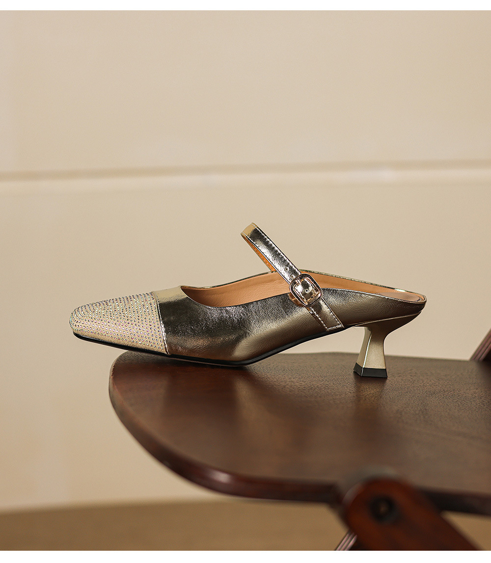 Sandal nữ mũi vuông bít mũi hở gót, gót 5 cm, phong cách tiểu hương — màu vàng chi tiết 23