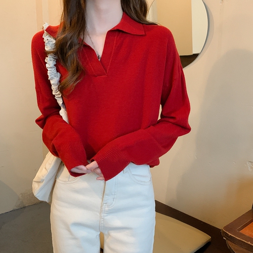 Early autumn thin version polo collar inner long-sleeved base knit top loose lazy style outerwear sweater for women autumn and winter