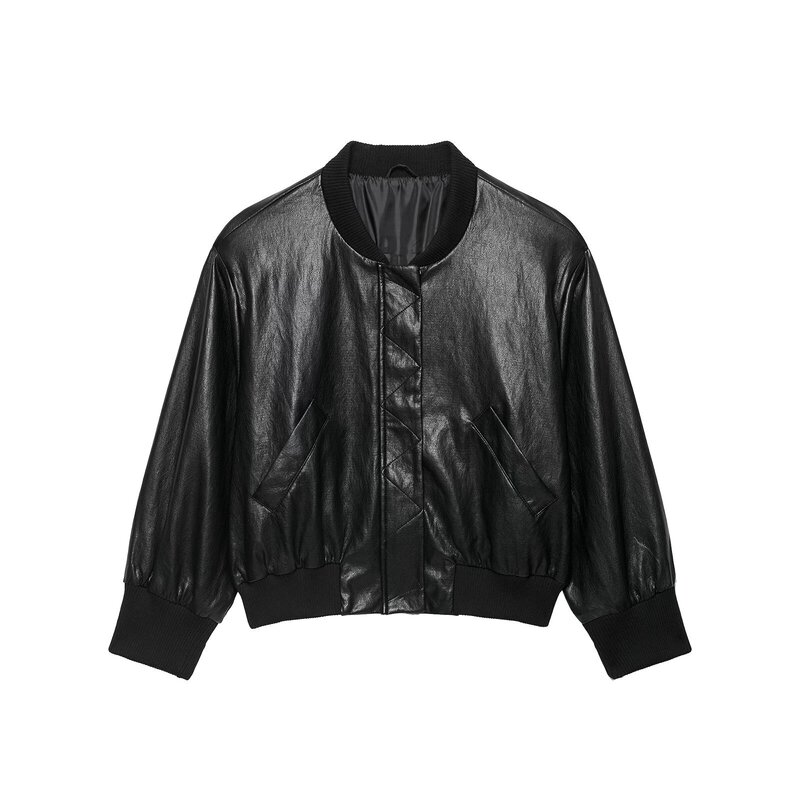 European and American cross-border women's clothing 2026 autumn new collection: high-end padded shoulder leather-effect bomber jacket 6318247